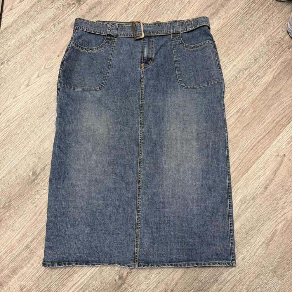 Caren Sport Womens Blue Denim Maxi Skirt Size 20 Belted Utility Pockets Stretch